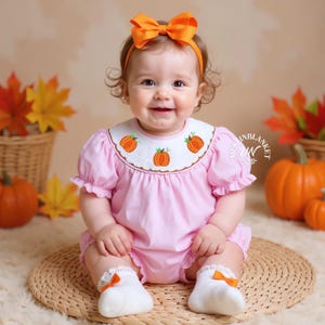 Smocked Pumpkin Bubble Romper Pastel Pink, Halloween, Thanksgiving, Fall, Bishop style, Baby Girl, Pumpkin Patch, Vintage Spider, Candy Corn