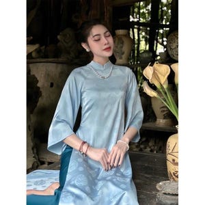 Blue Silk Ao Dai, Cream Chiffon Embroidery Ao Dai Set, Modernized Vietnamese Cute Ao Dai, Lunar New Year, Ao Dai Tet, Family Tet Photoshoot