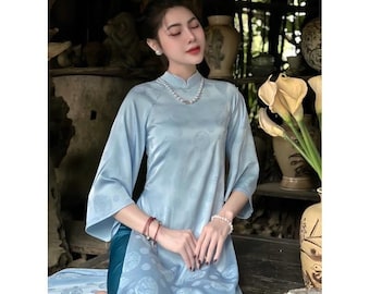 Blauwe zijde ao dai, crèmekleurige chiffon borduur ao dai set, gemoderniseerde Vietnamese schattige ao dai, maannieuwjaar, ao dai tet, familie-tet fotoshoot