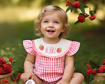 Birthday Strawberry Romper Bubble, Smocked Romper, Berry First Birthday, Sweet One Romper, Strawberry Theme, Pink Gingham, Summer Outfit