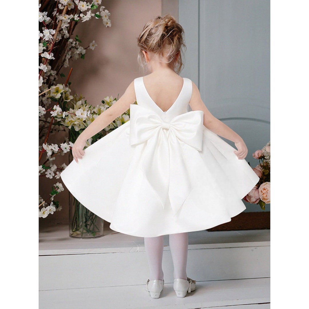 Big Bow White Satin Flower Girl Dress, Toddler Wedding Dress, Junior ...