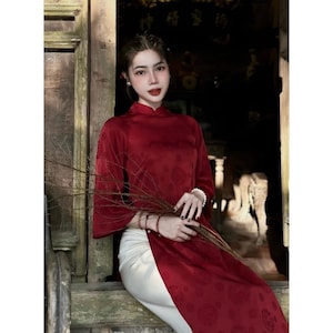 Red Silk Ao Dai, Cream Chiffon Embroidery Ao Dai Set, Modernized Vietnamese Cute Ao Dai, Lunar New Year, Ao Dai Tet, Family Tet Photoshoot