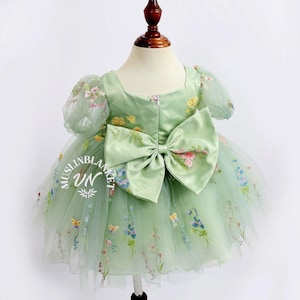 Flower Girl Dress Fairy First Birthday Sage Green Toddler Floral flower Girl Dress Wildflower Birthday Dress Baby Flower Girl Short Sleeve