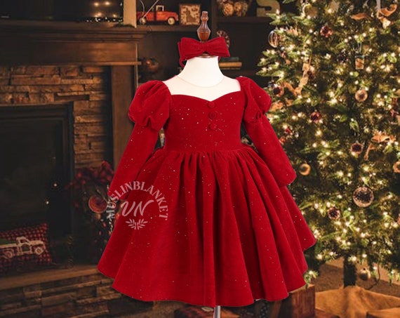 2026 Long Sleeves Sparkle Christmas Girl Dress, Christmas RED