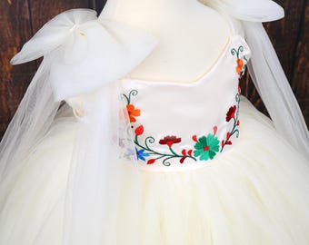 Baby Girl Beautiful Chanelito Dress Authentically Hand Embroidered Artisans Puebla, Mexican Traditional Bohemian Embroidered 5 de Mayo Dress