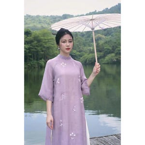 Flowy Pastel Lilac Chiffon Embroidery Ao Dai Top Only, Modernized Vietnamese Cute Ao Dai, Lunar New Year|  Ao Dai Tet, Family Tet Photoshoot