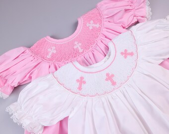 White Smocked Cross Dress Gold Crosses | Lace Sleeves | Baptism, Christening, Baby Girl | Heirloom Dress | Flower Girl | Bishop Style