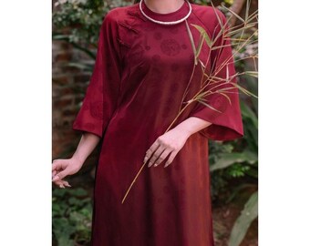 Rode zijde ao dai, crème chiffon borduur ao dai set, gemoderniseerde Vietnamese schattige ao dai, maannieuwjaar, ao dai tet, familie-tet fotoshoot