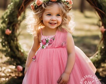 Rose Pink Easter Baby Girl Dress, Knee Length, 3D Floral Applique Dress, Wedding Flower Girl, Fluffy Dress, Dusty Pink Summer Spring Dress