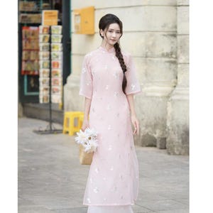 Flowy Pastel Pink Chiffon Embroidery Ao Dai Top Only, Modernized Vietnamese Cute Ao Dai, Lunar New Year|  Ao Dai Tet, Family Tet Photoshoot