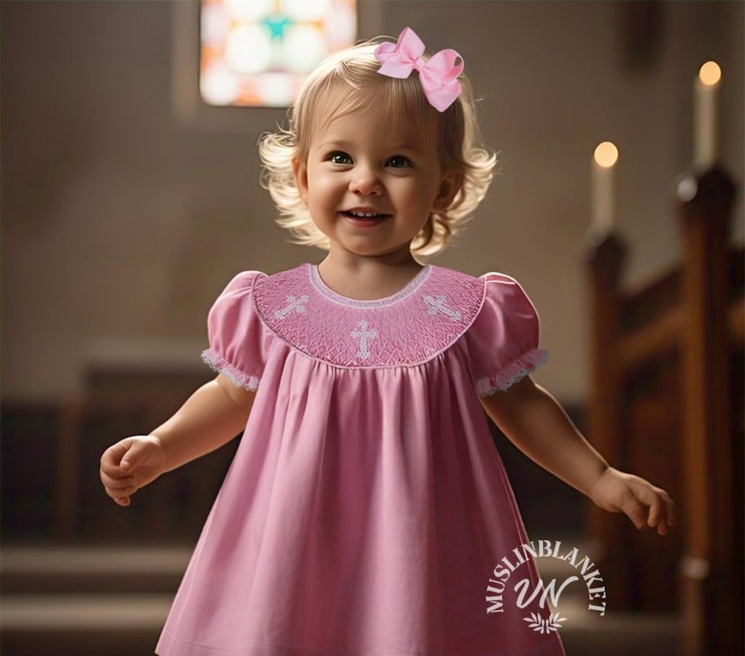 Pink easter cross hand-smocked girl dress