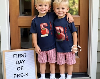 Boys Back to School Outfit, Apple Applique Shirt, First Day of Preschool T-shirt, 1st Day of PreK Bodysuit, Monogrammed Back to School Gift