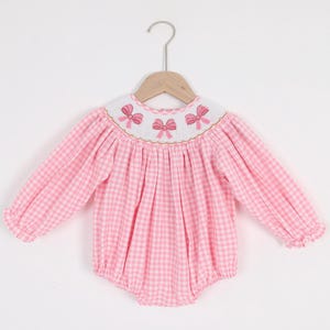 Valentine Pink Gingham Smocked Embroidered Sweet Coquette Bows Bubble Outfit, Birthday Romper , Cute Smocked Long Sleeve Romper Sweet One