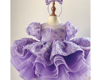 Lavender First Birthday Dress Baby Girl Toddler Fancy Lace Dress Puffy Purple Sparkle Birthday Party Dress Pageant Toddler Special Occasion