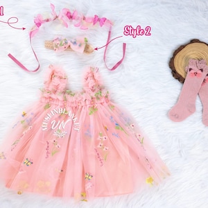 NEW 0M-12Y Floral Embroidery Tulle Dress, Pink Dress with Flowers, 1st birthday, Toddler Photo, Ruffle Sleeves Dress, Princess Butterfly