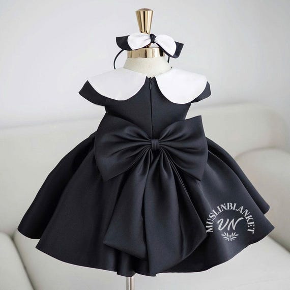 Black Toddler Girl Dress with White Sailor Collar and Bow, Mid Calf Length Vintage Style Tea Party Dress Elegant Formal Outfit for Baby Girl Black Toddler Girl Dress with White Sailor Collar and Bow, Mid Calf Length Vintage Style Tea Party Dress Elegant Formal Outfit for Baby Girl