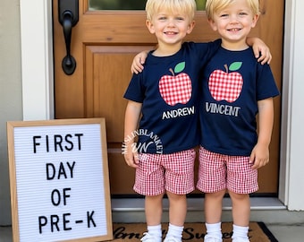 Boys Back to School Outfit, Apple Applique Shirt, First Day of Preschool T-shirt, 1st Day of PreK Bodysuit, Monogrammed Back to School Gift