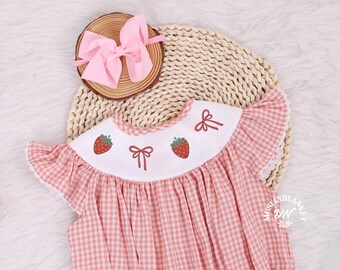 Birthday Strawberry Coquette Romper Bubble, Smocked Romper, Berry First Birthday, Sweet One Romper, Strawberry Theme Gingham, Summer Outfit