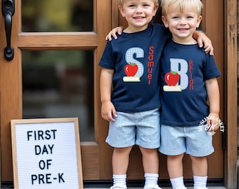 Boys Back to School Outfit, Apple Applique Shirt, First Day of Preschool T-shirt, 1st Day of PreK Bodysuit, Monogrammed Back to School Gift