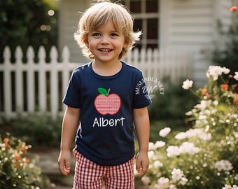Toddler Boys Back to School Outfit , Personalized Apple Applique Shirt Gingham Shorts, Perfect First Day of Preschool and Kindergarten Pre-K
