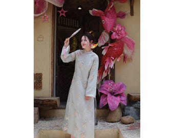 Lotus Vietnamese Modern Ao Dai for Women, Ao Dai for Girls, Ao Dai Vietnam, Flared Long Sleeves Ao Dai, Ao Dai with Double Layers Ao Dai Tet