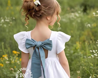 Bridesmaid Linen Dress LinenSummer Dress for Girl Girl Dress Toddler With Dusty Blue Bow Flower Girl Dress Boho Spring Boho Flutter Sleeve