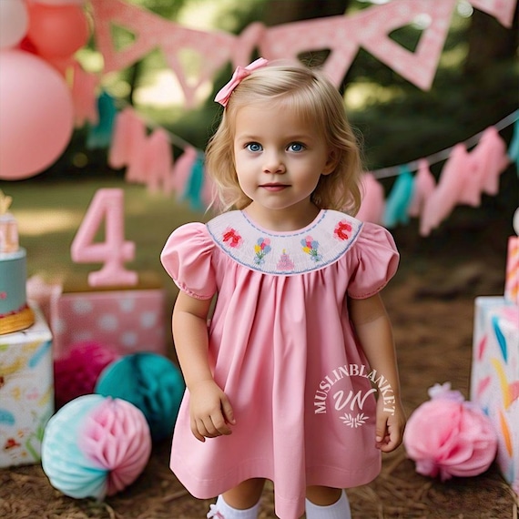 Birthday Cake Pink Smocked Dress| Birthday Girl Outfit| Baby's First Birthday Outfit | Pink 1st Birthday Dress| Birthday Baby Bubble Gift