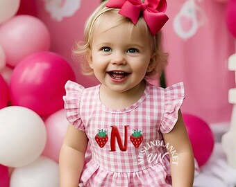 Embroidered Strawberry Romper Bubble, Smocked Romper, Berry First Birthday, Sweet One Romper, Strawberry Theme, Pink Gingham, Summer Outfit