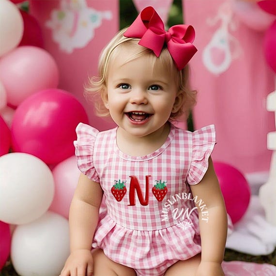Embroidered Strawberry Romper Bubble, Smocked Romper, Berry First