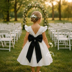 May include: A white flower girl dress with a black bow in the back. The dress has a V-neckline and flutter sleeves. The girl is holding a small bouquet of white flowers. The background includes white chairs and a floral arch.