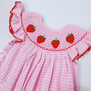 May include: A pink and white gingham dress with red embroidered strawberries. The dress has a smocked bodice and ruffled sleeves.