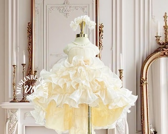 High Low Organza Flower Girl Dress, Ivory Pageant Dress Lace Lace Tulle Girl Dress,  Dramatic Flower Girl Dress, Rustic Flower Girl Dress