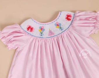 Birthday Cake Pink Smocked Bubble| Birthday Girl Outfit| Baby's First Birthday Outfit | Pink 1st Birthday Romper| Birthday Baby Bubble Gift