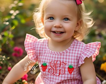 Monogram Strawberry Romper Bubble, Smocked Romper, Berry First Birthday, Sweet One Romper, Strawberry Theme, Pink Gingham, Summer Outfit
