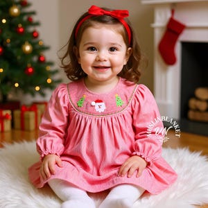 Rot Gingham Weihnachten Langarm Gesmokt Bestickt Santa Dress Outfit, Weihnachtsbaum, Holiday Bubble, 1st Christmas Santa Photoshoot
