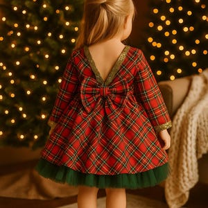 Red Tutu Toddler Xmas Outfit, Plaid Christmas Baby Girl Gown, Photoshoot Costume, Christmas baby dress, Short Puffy Sleeve, Xmas Kids Dress