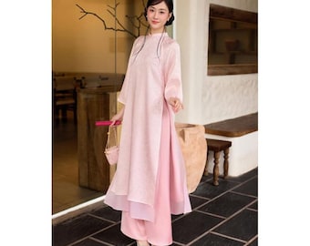 Roze lichte zijde Vietnamese Ao Dai voor dames, schattige Ao Dai voor meisjes, Ao Dai Vietnam met dubbele lagen, Ao Dai Tet, gemoderniseerd Vietnamees