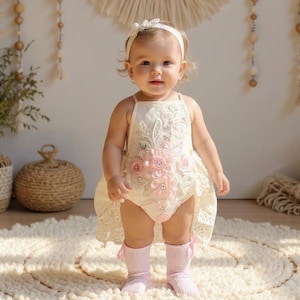 Pink Floral Boho 1st Birthday Outfit Ivory Boho Lace Romper White Baby Girl Lace Romper Cake Smash Outfit Baby Girl Clothes Birthday Dress