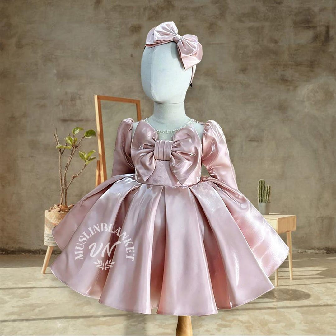 Pink Big Bow Dress Pearl Neck Long Sleeves Pink Valentines Organza Baby pink-big-bow-dress-pearl-neck-long-sleeves-pink-valentines-organza-baby