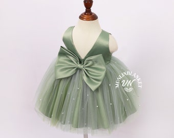 Sage Tüll Elegante V-Rücken Perle Knielange Hochzeit Blumenmädchen Geburtstag Trendy Kirche Sommer Herbst Big Bow Säugling Kleinkind Junior Mädchen Kleid