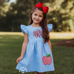 Back to School Outfit, Girls Back to School Dress, Monogrammed Back to School Dress, Apple Seersucker Flutter Sleeve Dress, Toddler Girls