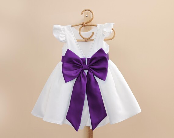 white dress purple sash Flower Girl Dress With Purple Sash