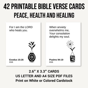 42 Tarjetas Imprimibles de Versículos Bíblicos de Salud y Sanación, Mini Tarjetas de Escrituras, Salud Mental, Afirmaciones Cristianas, Versículos de Memoria, Tarjetas de Paz