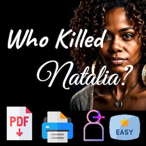 Op de afbeelding: Een vrouw met krullend bruin haar kijkt recht in de camera. De tekst "Who Killed Natalia?" is geschreven in wit cursief schrift. Onder de tekst staan drie pictogrammen: een PDF-downloadpictogram, een printerpictogram en een persoonpictogram. De tekst "EASY" is geschreven in wit op een blauw sterpictogram.