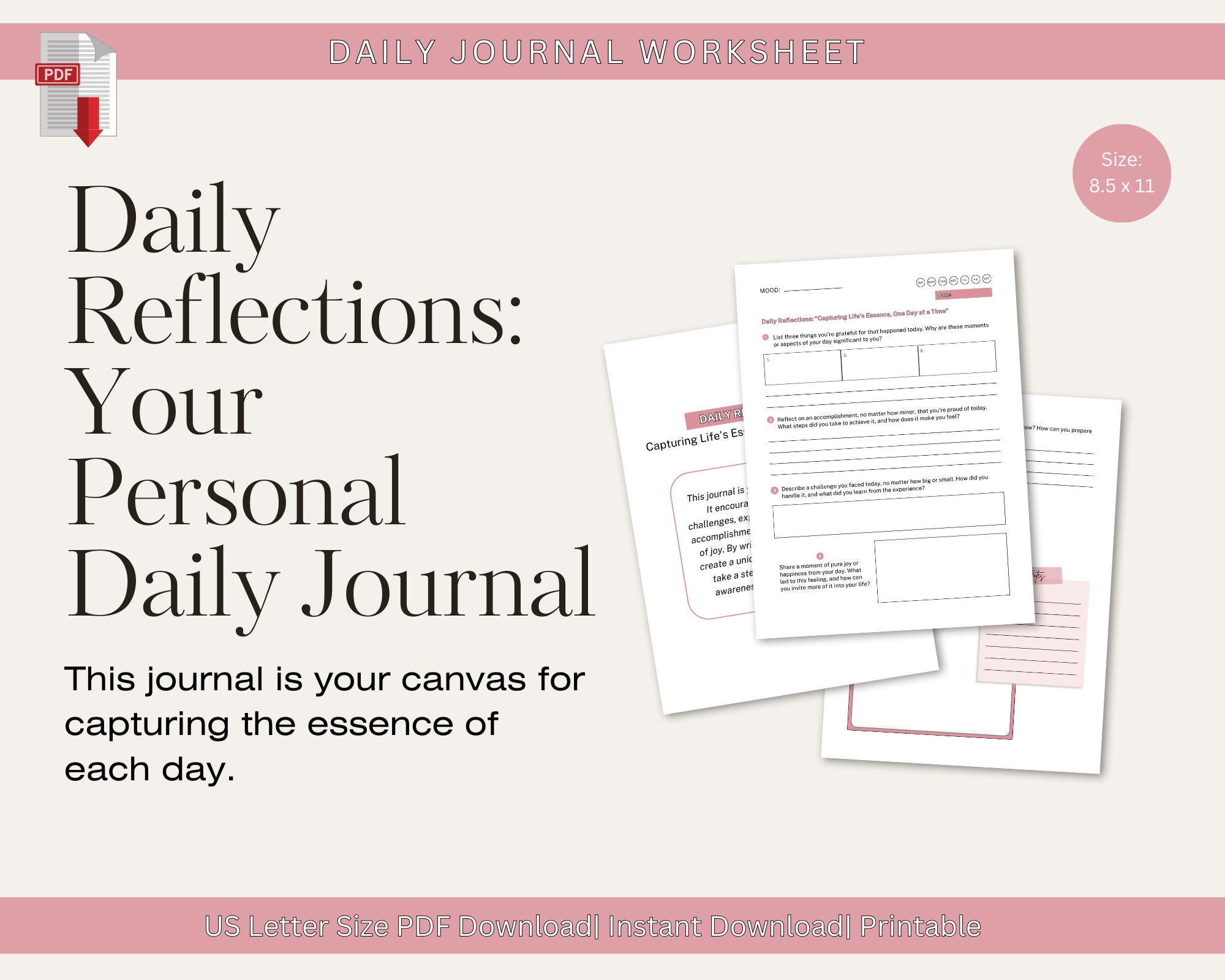 Daily Reflections Journal Printable Worksheet Premade Journal Templates Instant Download PDF ...