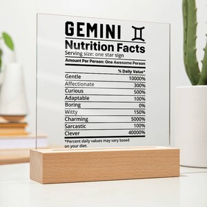 Zwillinge Nährwerte Acryl LED Plakette für Zwilling Sternzeichen Freund Geschenk, Sternzeichen Geburtstagsgeschenk für Sie, Weihnachtsgeschenk Sternzeichen Zwilling