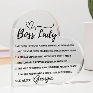 Boss Lady Personalized Heart Acrylic Plaque, Gift for Female Boss, Boss Gift for Women, Boss Lady Noun, Gifts for Boss Lady