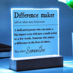 Personalized Difference Maker LED Plaque, Mentor Appreciation, Coworker Gift, Coach Gifts, Gift for Leader, Retirement Gifts, Employer Gifts