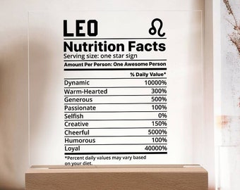 Datos nutricionales de Leo Placa LED acrílica para el regalo del zodíaco amigo Leo, regalo de cumpleaños del zodíaco para ella, regalo de Navidad signo zodiacal Leo