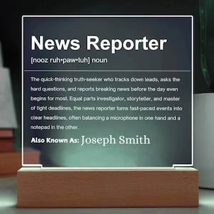 News Reporter Definition Personalized LED Acrylic Plaque, Gift for Journalist, Journalism Graduates, News Anchors & Media Professional Gifts
